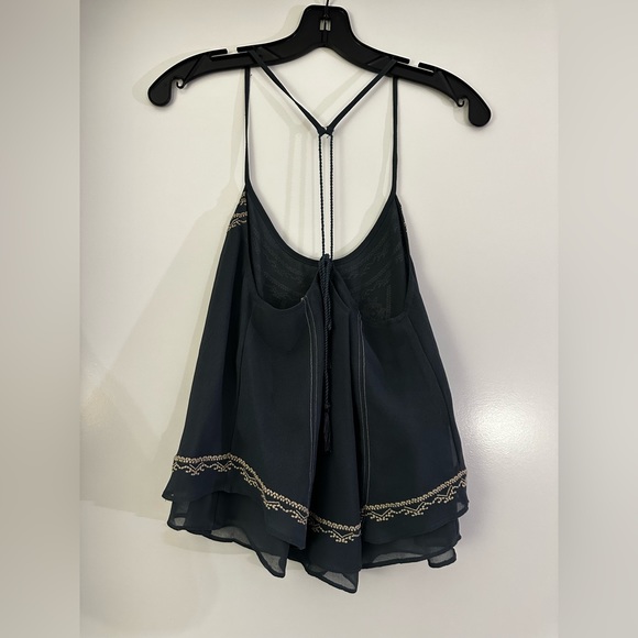 Dusty blue boho top with cream stitching design - Picture 2 of 4